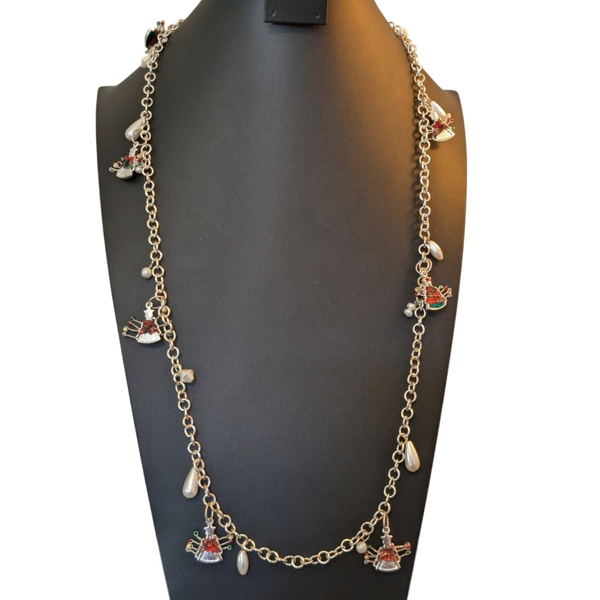 Coldwater Creek Holiday Christmas Tree Faux Pearl Silver Tone Long Necklace