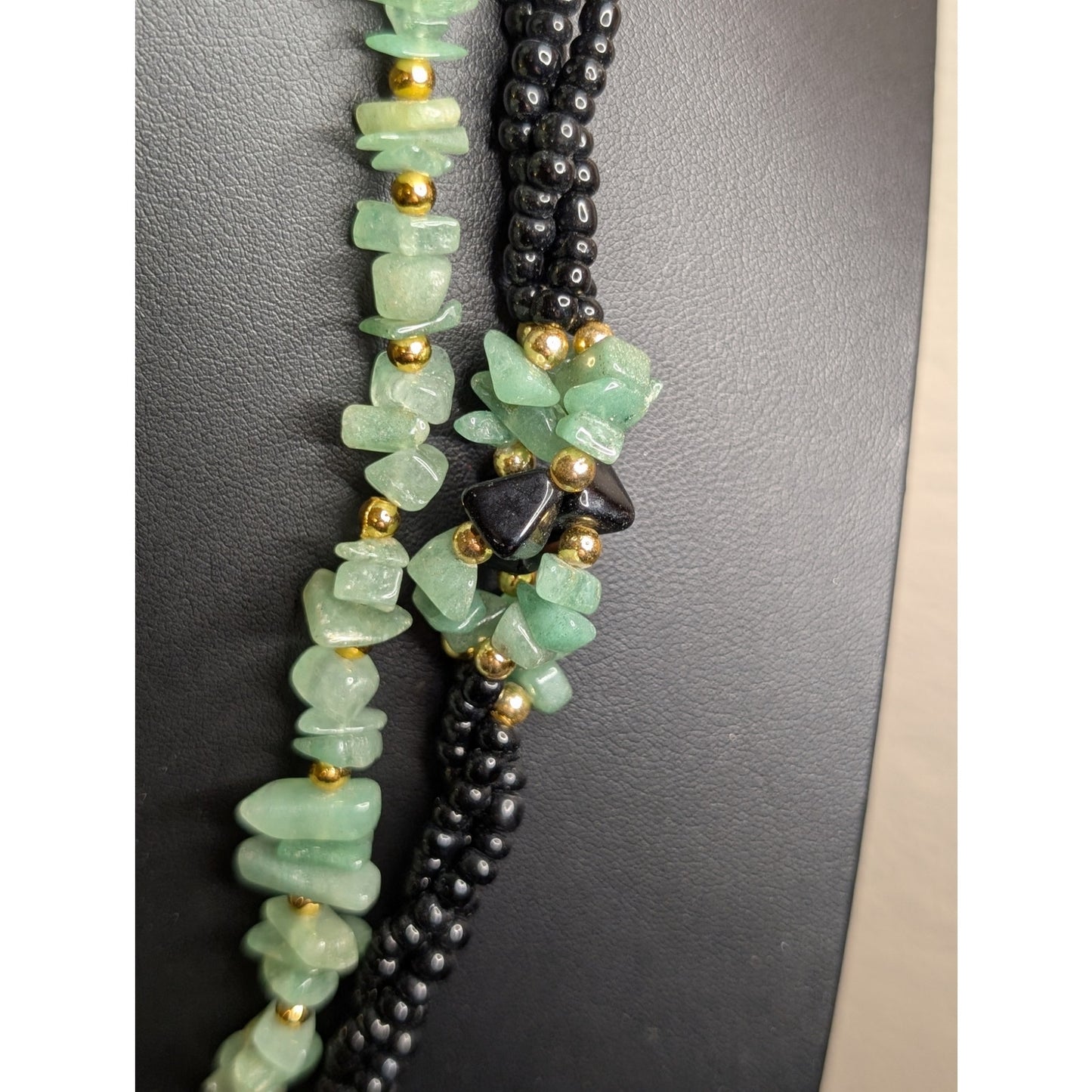 Lot of Two Vintage Green, Black & Gold Tone Beaded Necklaces & Matching Earrings
