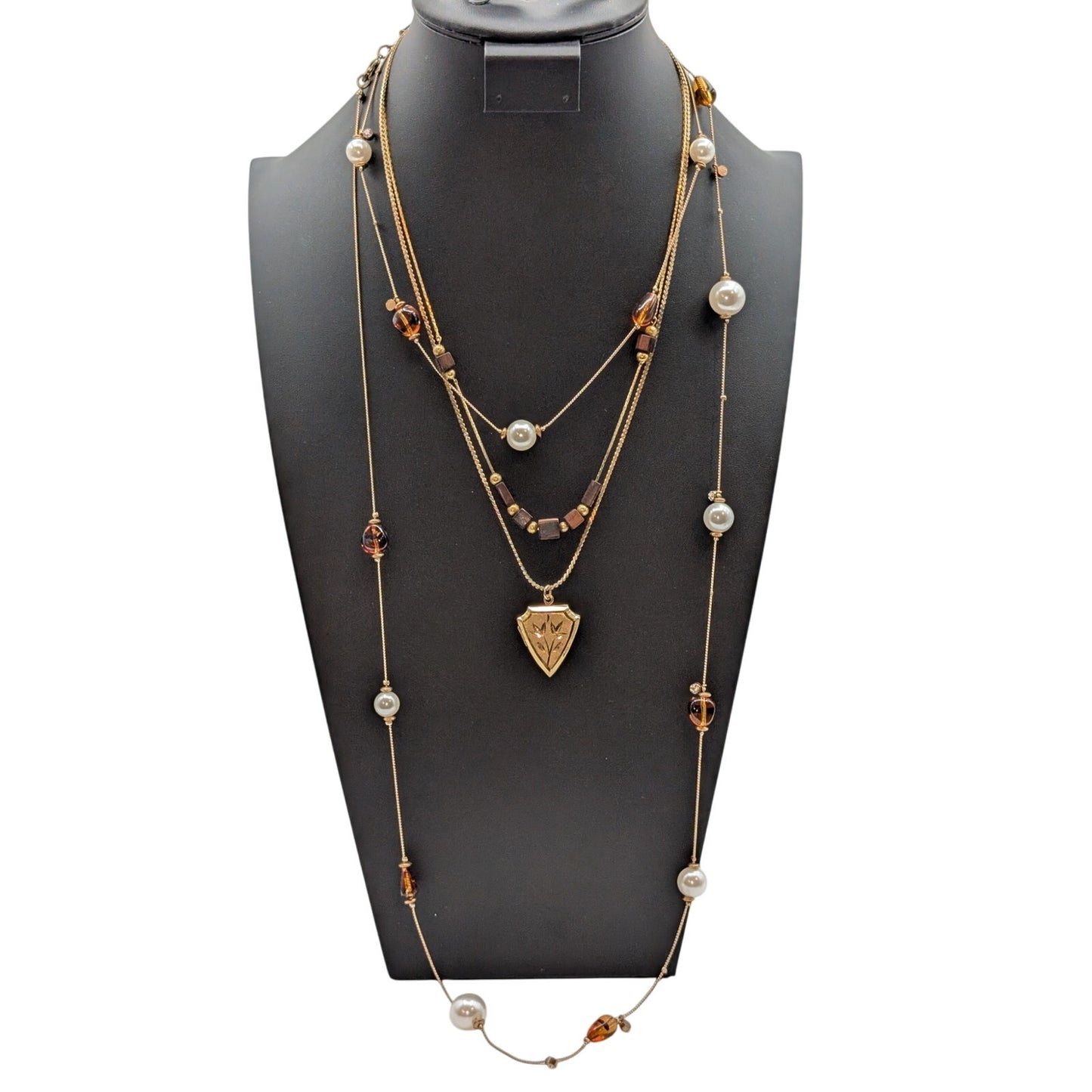 Lot of Three Vintage Gold Tone Beaded Locket Chain Layered Necklaces