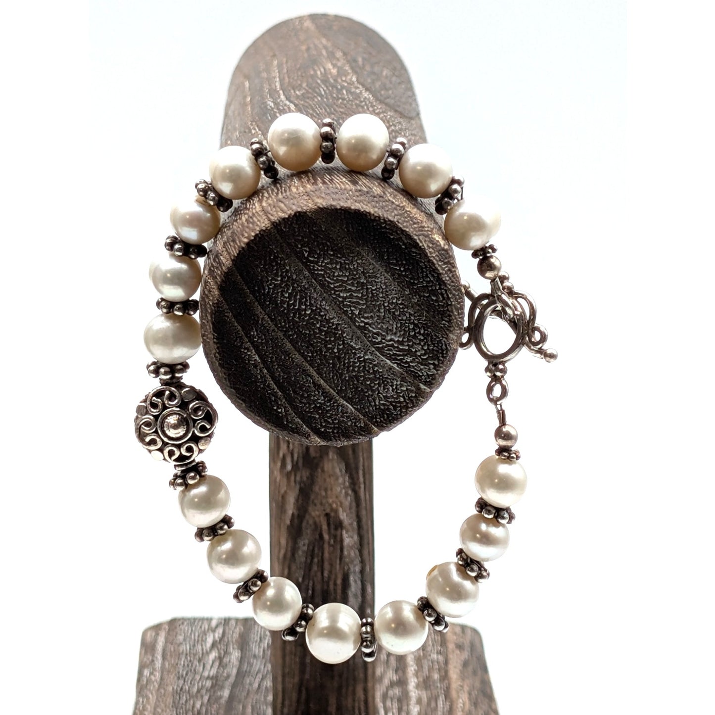 Genuine Freshwater Pearl 925 Sterling Silver Fancy Toggle Clasp Bracelet
