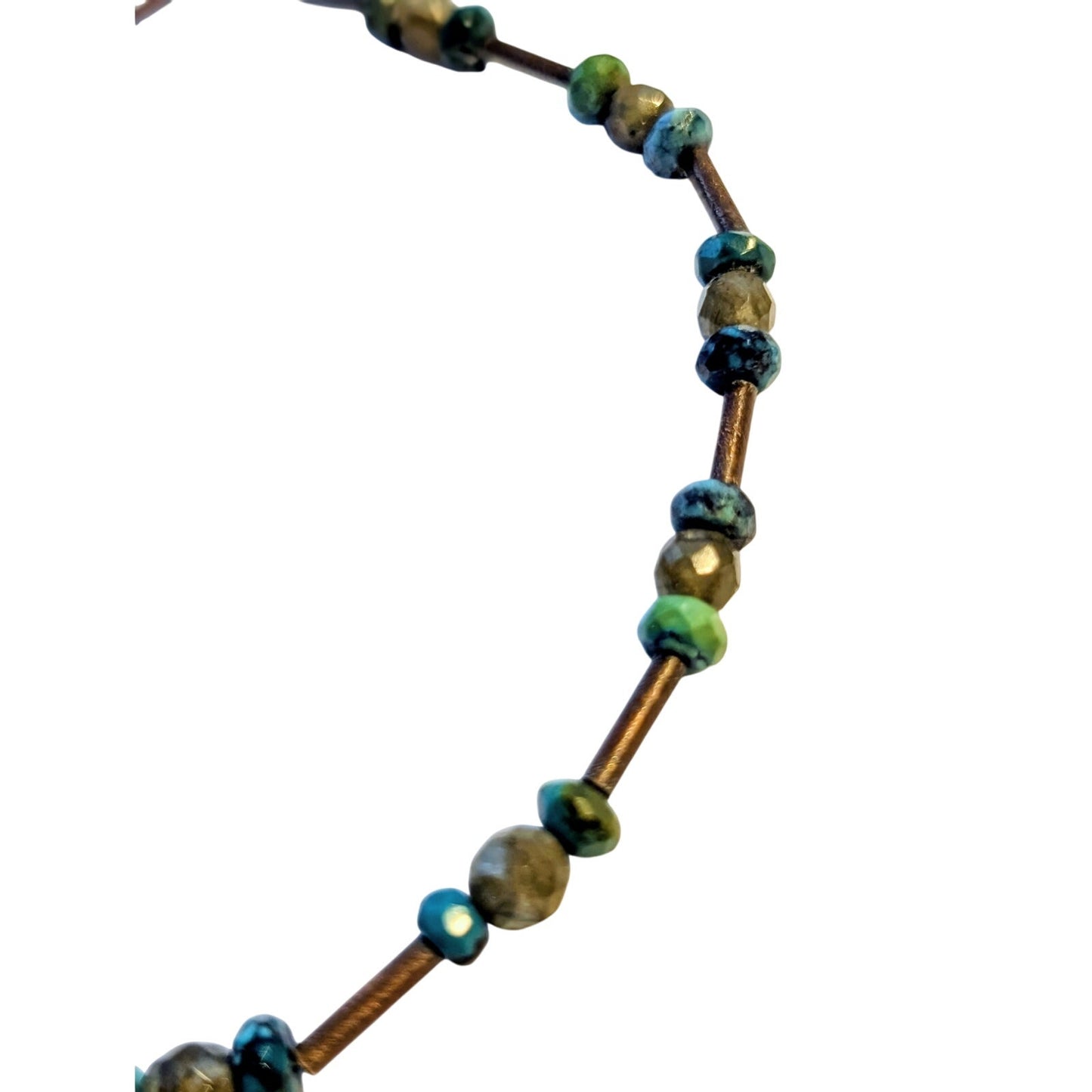 925 Sterling Silver Turquoise & Glass Copper Rod Beaded 11" Ankle Bracelet
