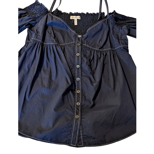 Rebecca Taylor Navy Blue Button Front Smocked Off Shoulder Cotton Blouse Sz 10