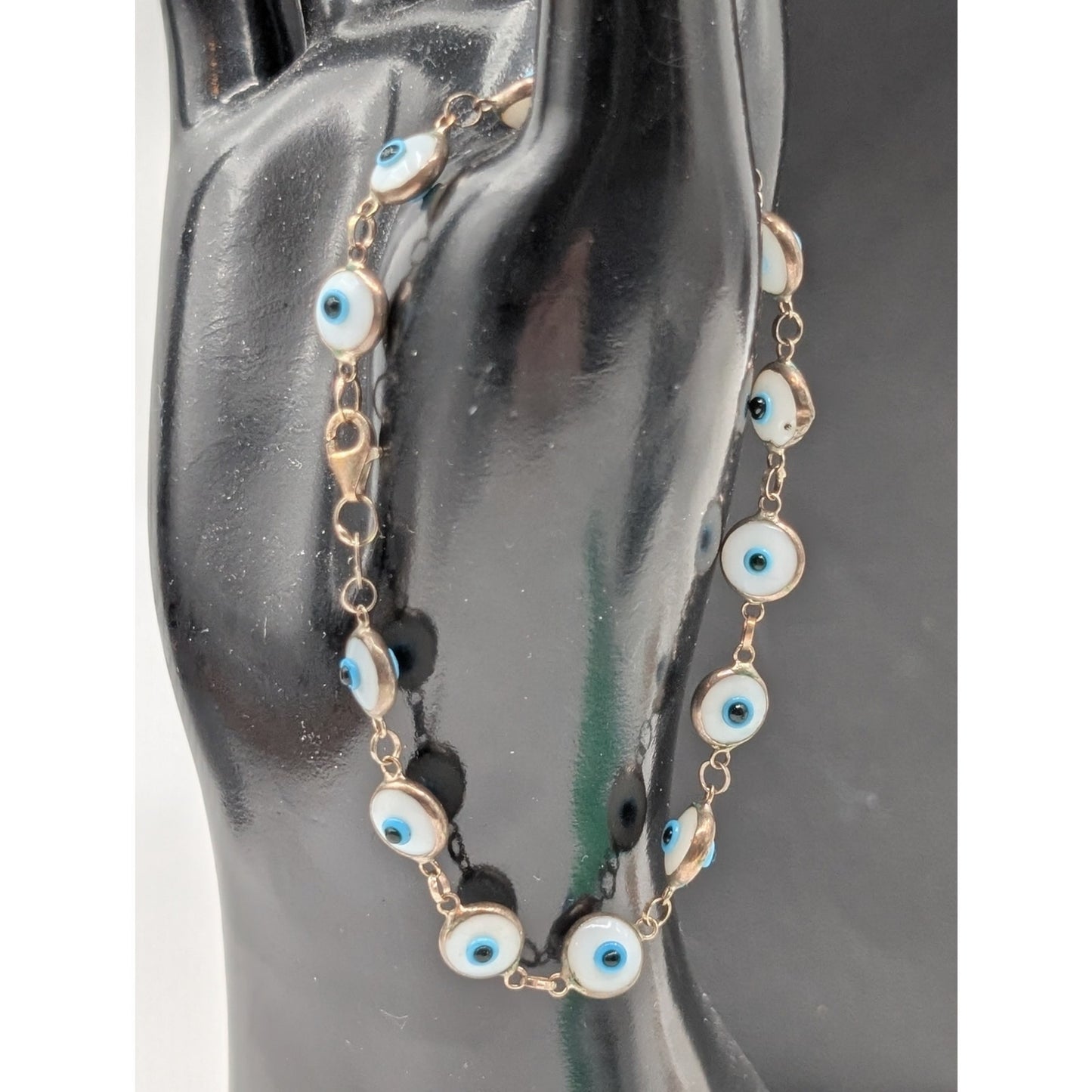 925 Sterling Silver Turkish Glass Bead Evil Eye 8" Bracelet