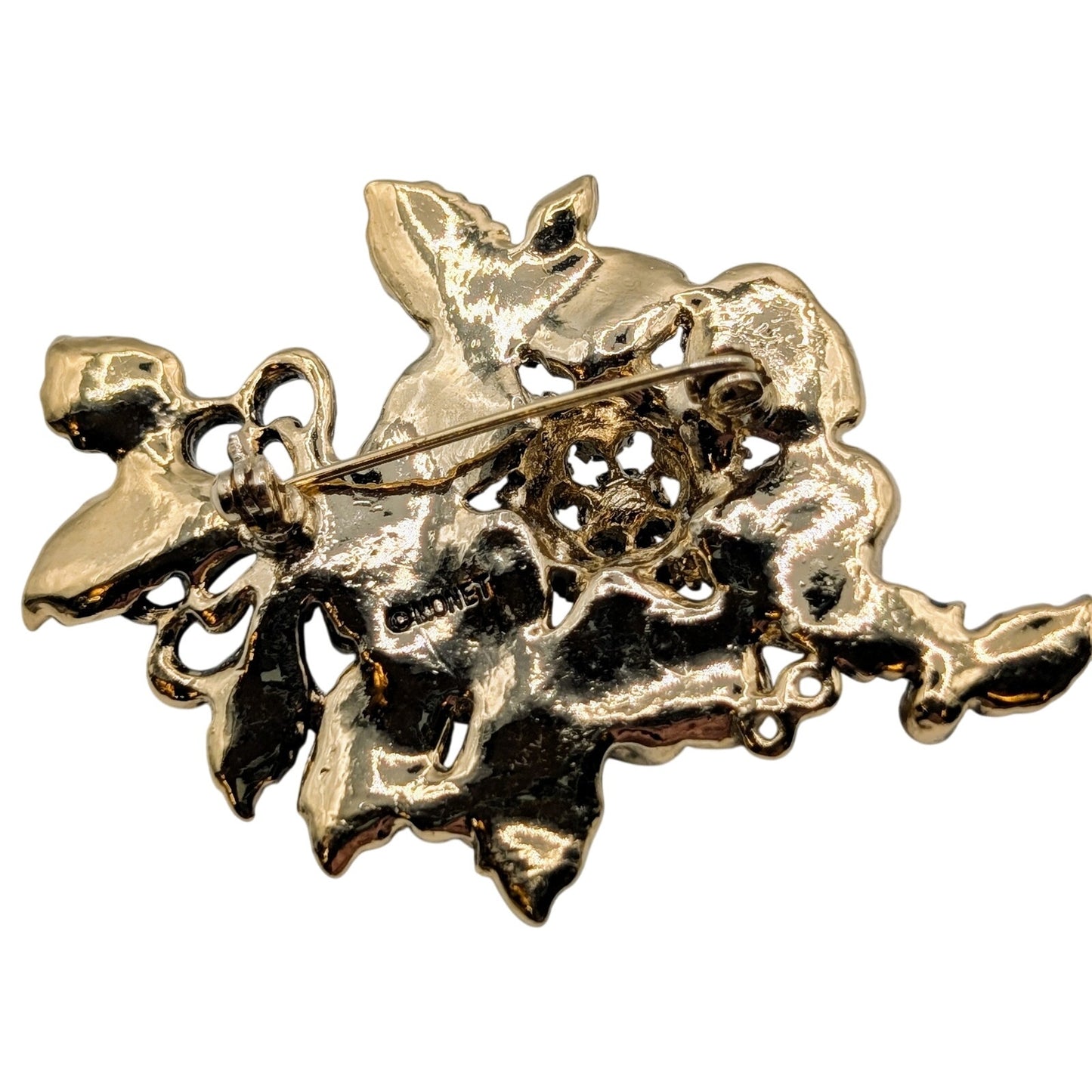 Vintage Monet Faux Pearl Enamel Floral Leaf Gold Tone Brooch