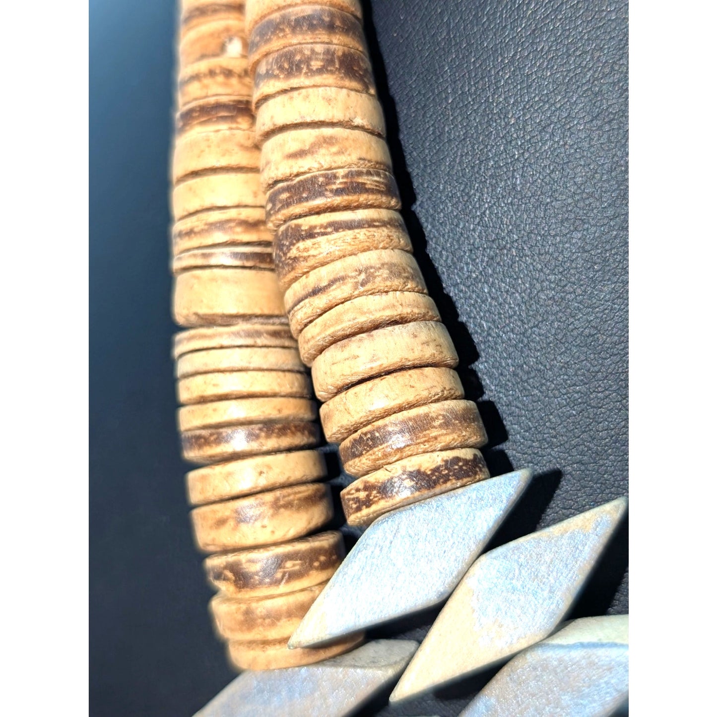 Tribal Hand Made Wood Two Strand Chevron Design Disk Bead Pull String Necklace
