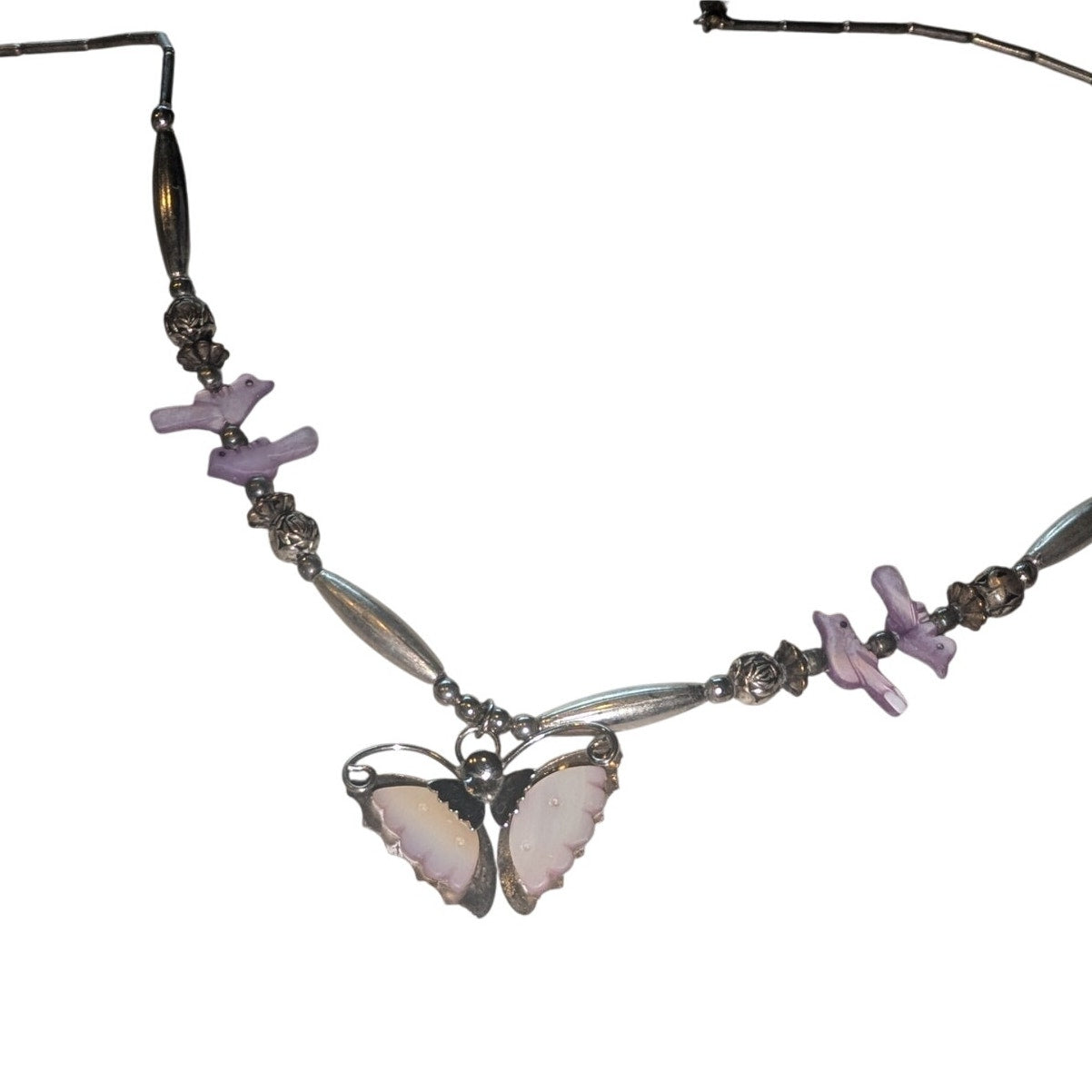 Vintage Liquid Silver Pink Shell Butterfly & Bird Barrel Clasp 18" Necklace