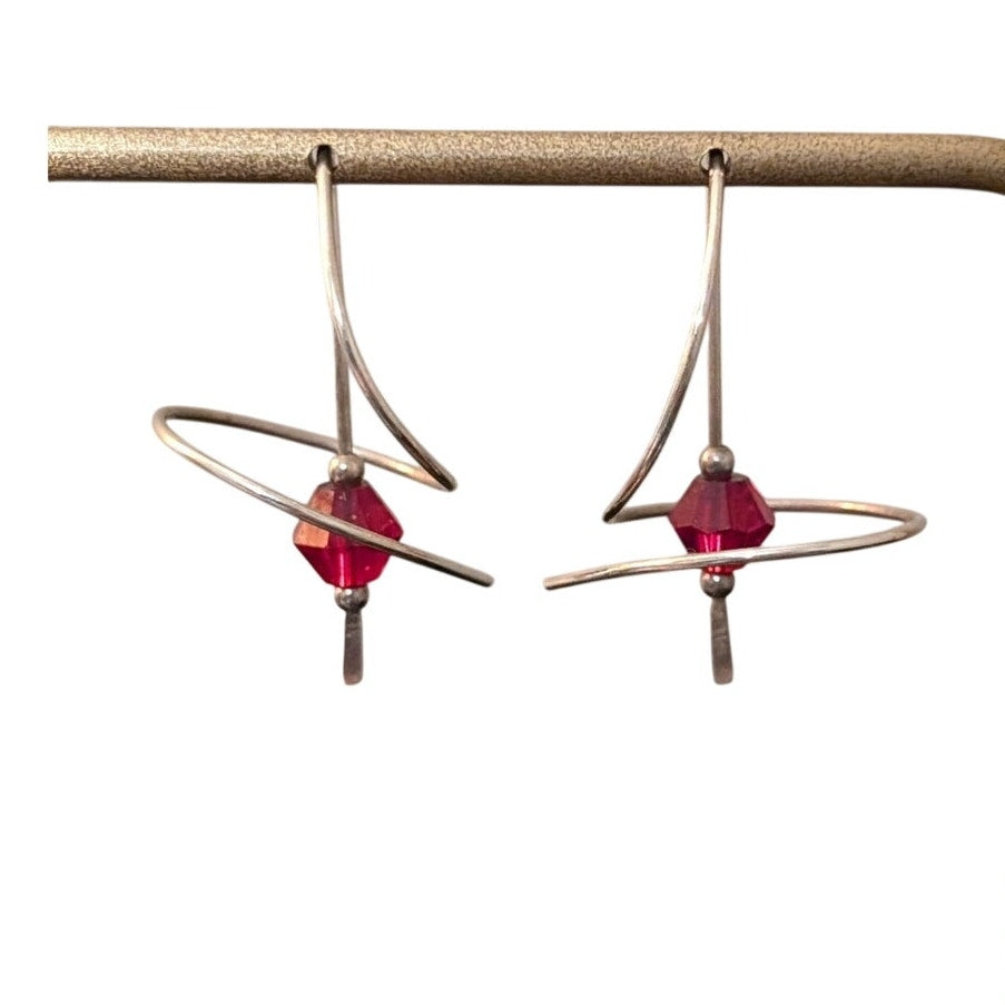 Vintage Signed ME 925 Sterling Red Crystal Bead Ear Spiral Ear Wire Earrings