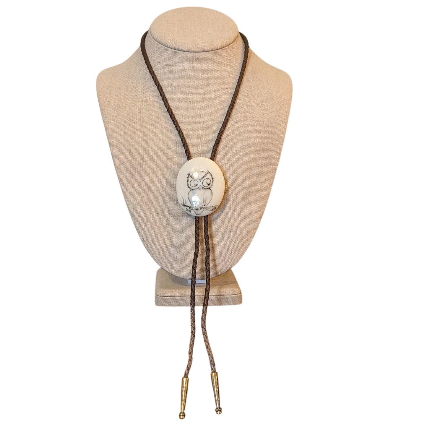Hand-Painted Ceramic Owl Signed DM Braided Leather Bolo Tie