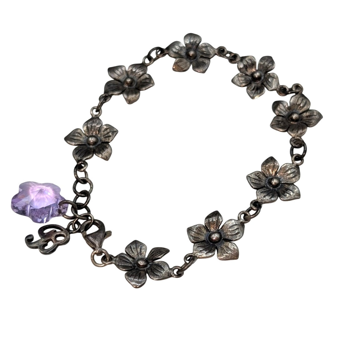 Vintage 925 Sterling Silver Flower Station Purple Crystal Flower Charm Bracelet