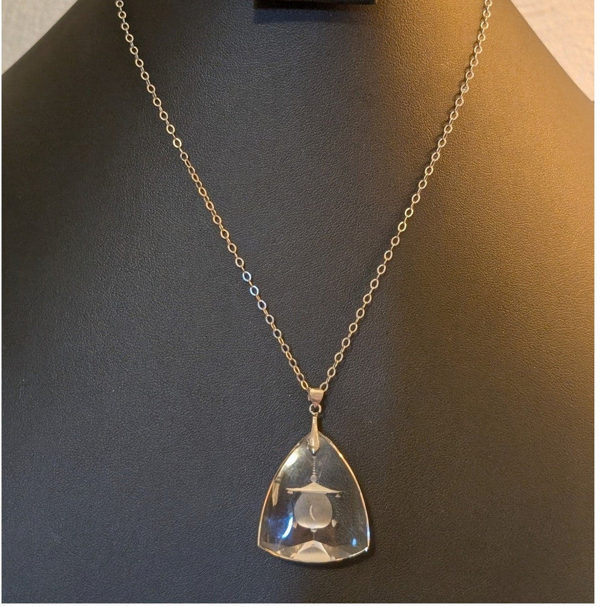 1930s Art Deco Reverse Carved Round Pagoda Rock Crystal Pendant 18" Necklace