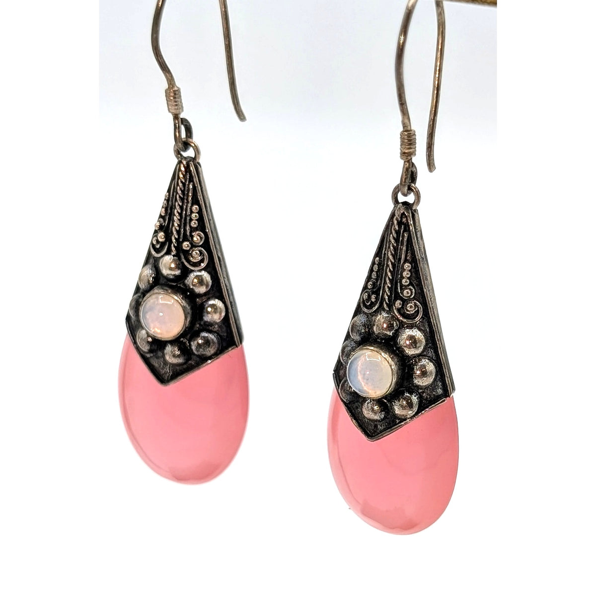 Vintage 925 Sterling Silver Pink Opalite Dangle Tribal Balinese Earrings