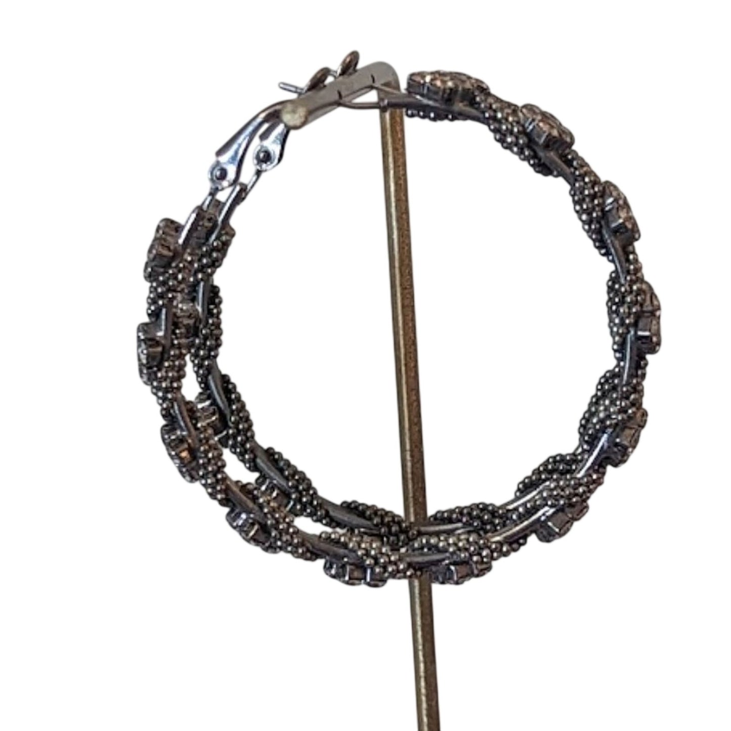 Gun Metal Beaded Flower Rhinestone Hoop Earrings