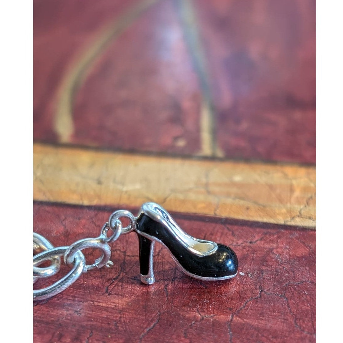 925 Sterling Silver Charm Bracelet W/ Black Enamel Pump Heel Charm