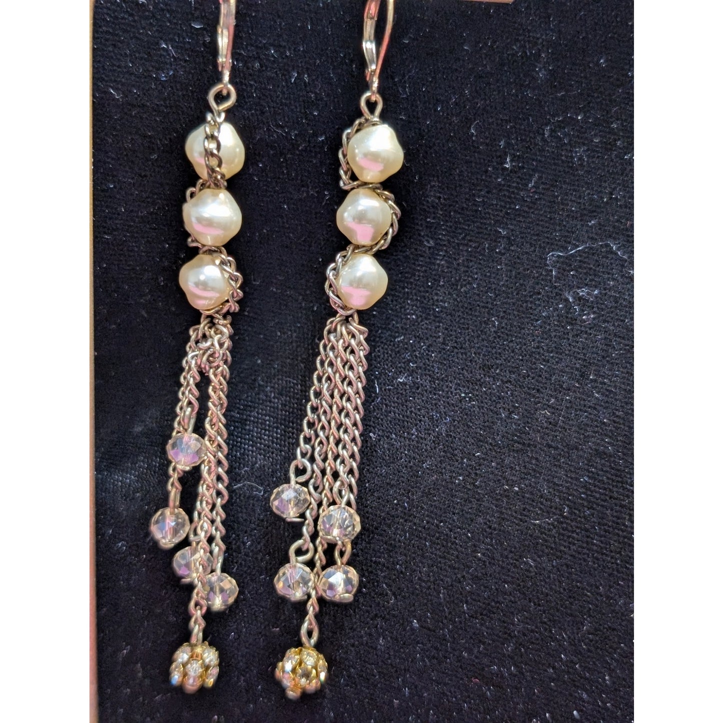 VTG Faux Pearl Crystal Disco Rhinestone Ball Chain Dangle Lever Back Earrings