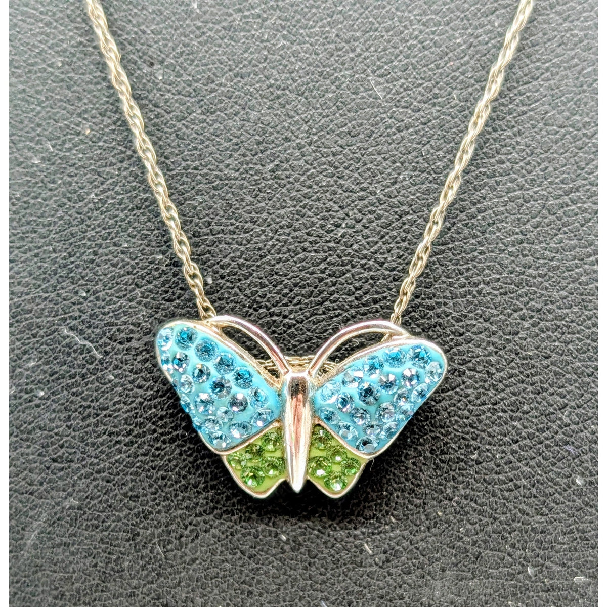 Sterling Silver Blue Green Crystal Butterfly Pendant Vintage Chain 21" Necklace