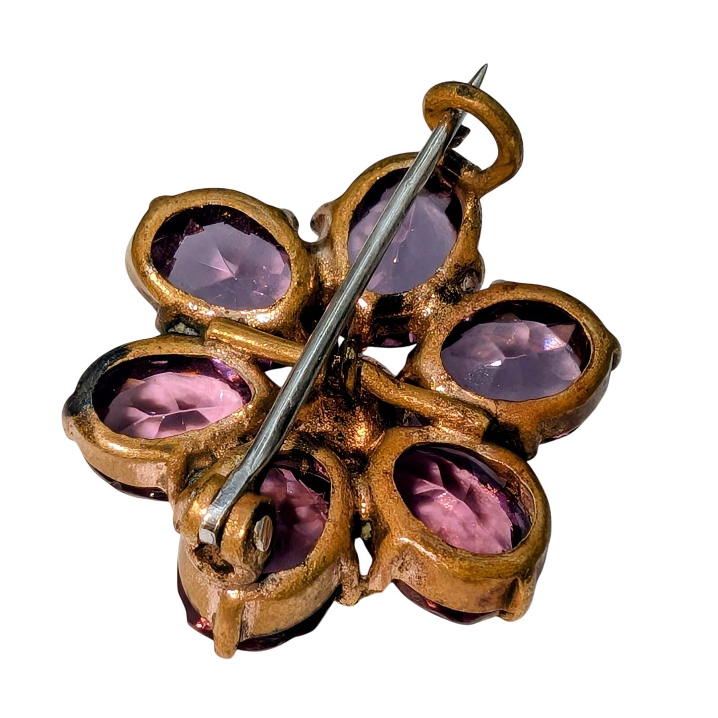 Antique Amethyst Glass Brass C-Clasp Flower Brooch