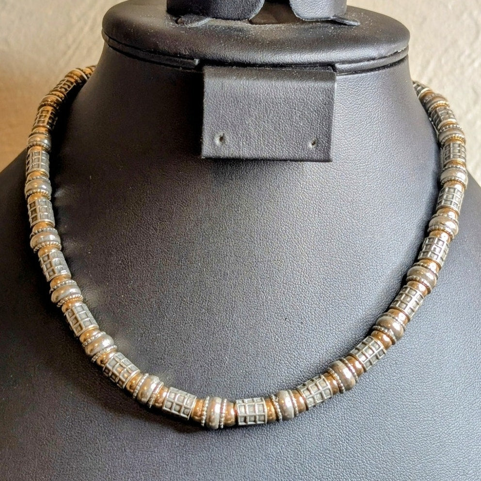 VTG 16.5" Two Tone 925 Sterling Silver Ball & Checkered & Rondelle Bead Necklace