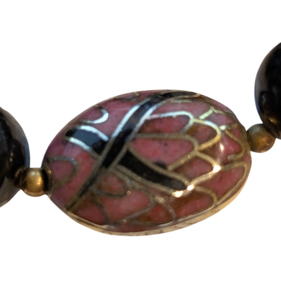 Vintage Black Burgundy Rose Stone Gold Tone Cloisonne Graduated Bead Necklace