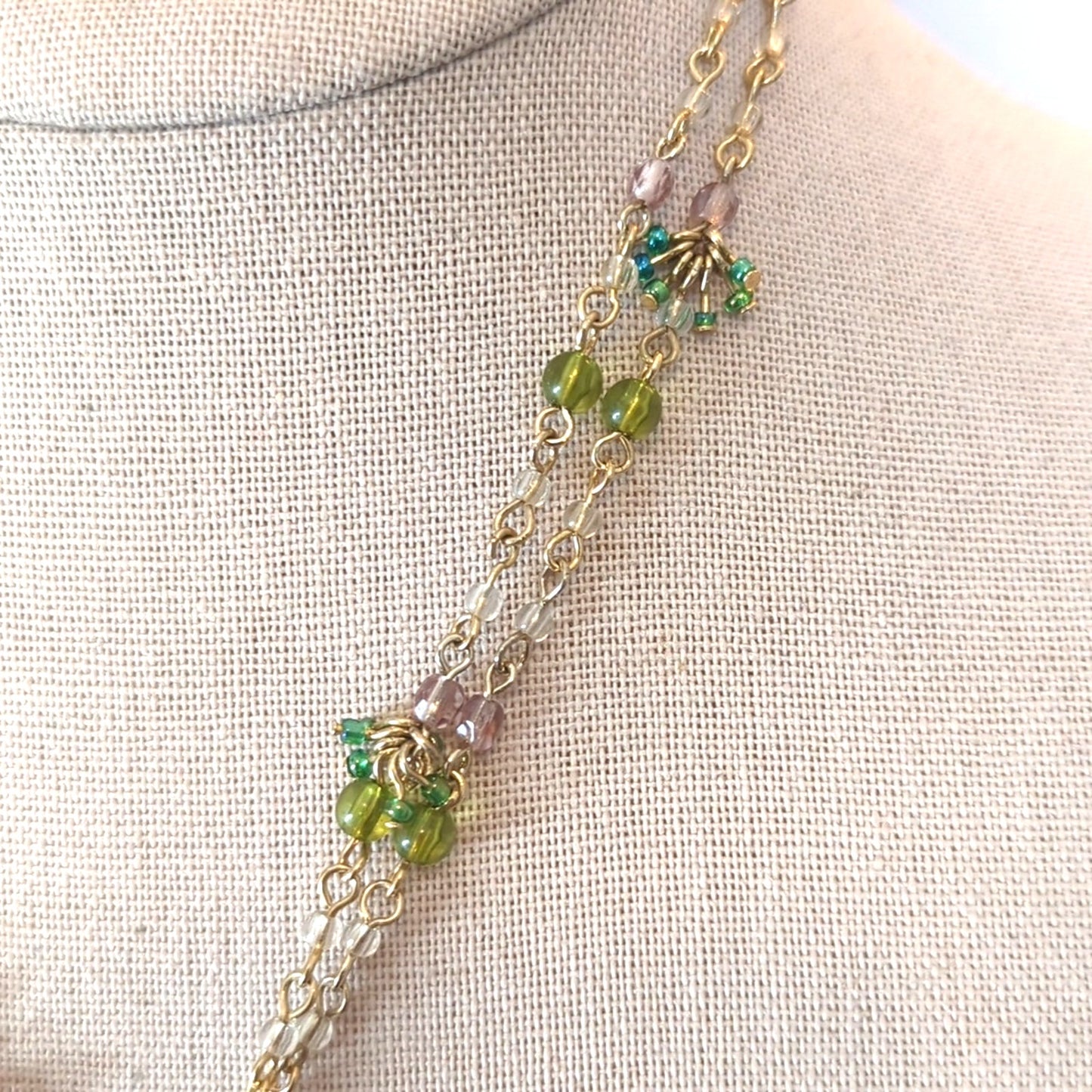 Gold Tone Double Strand Beaded Chain Pink Green Rhinestone Medallion Necklace