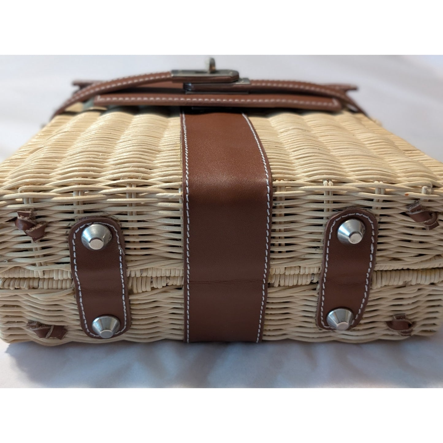 Handcrafted Rattan Genuine Leather Silver Hardware Handbag W/ Lock & Key