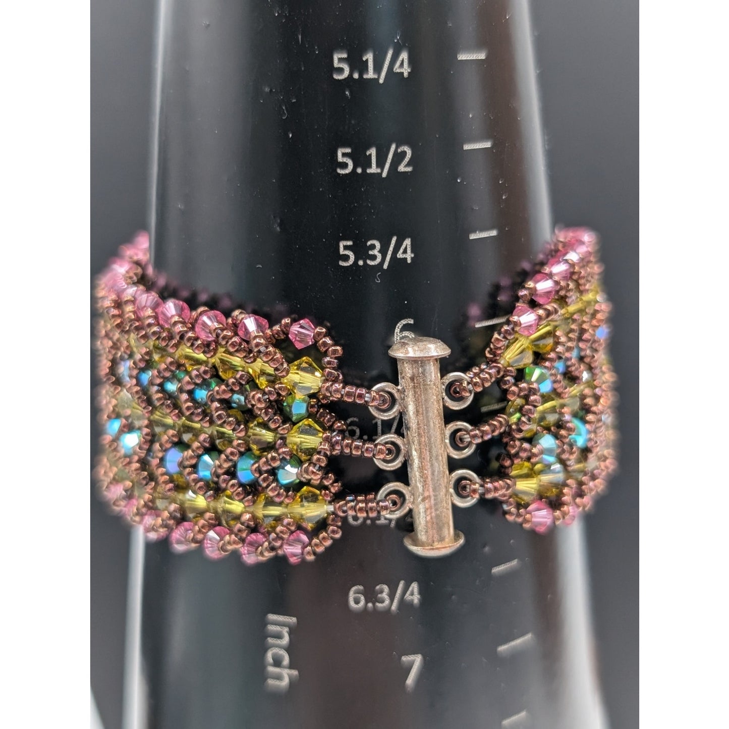 Hand Made Wide Woven Crystal Beaded Bracelet With Unique Slide In Barrel Clasp