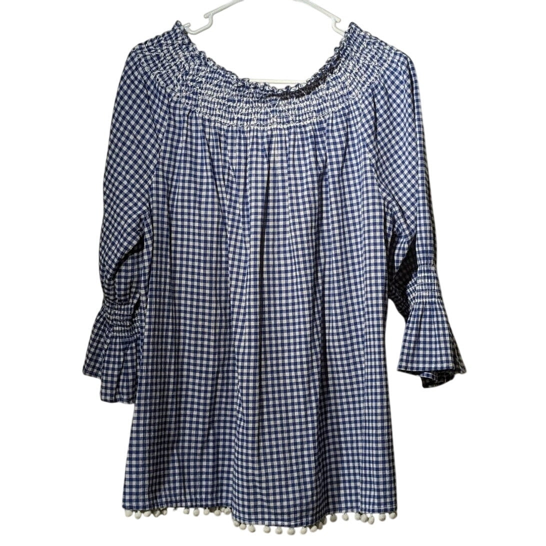 Rafaella Blue Gingham Gauzy Smock Neck 3/4 Smock Bell Sleeve Top Womens Sz 2X