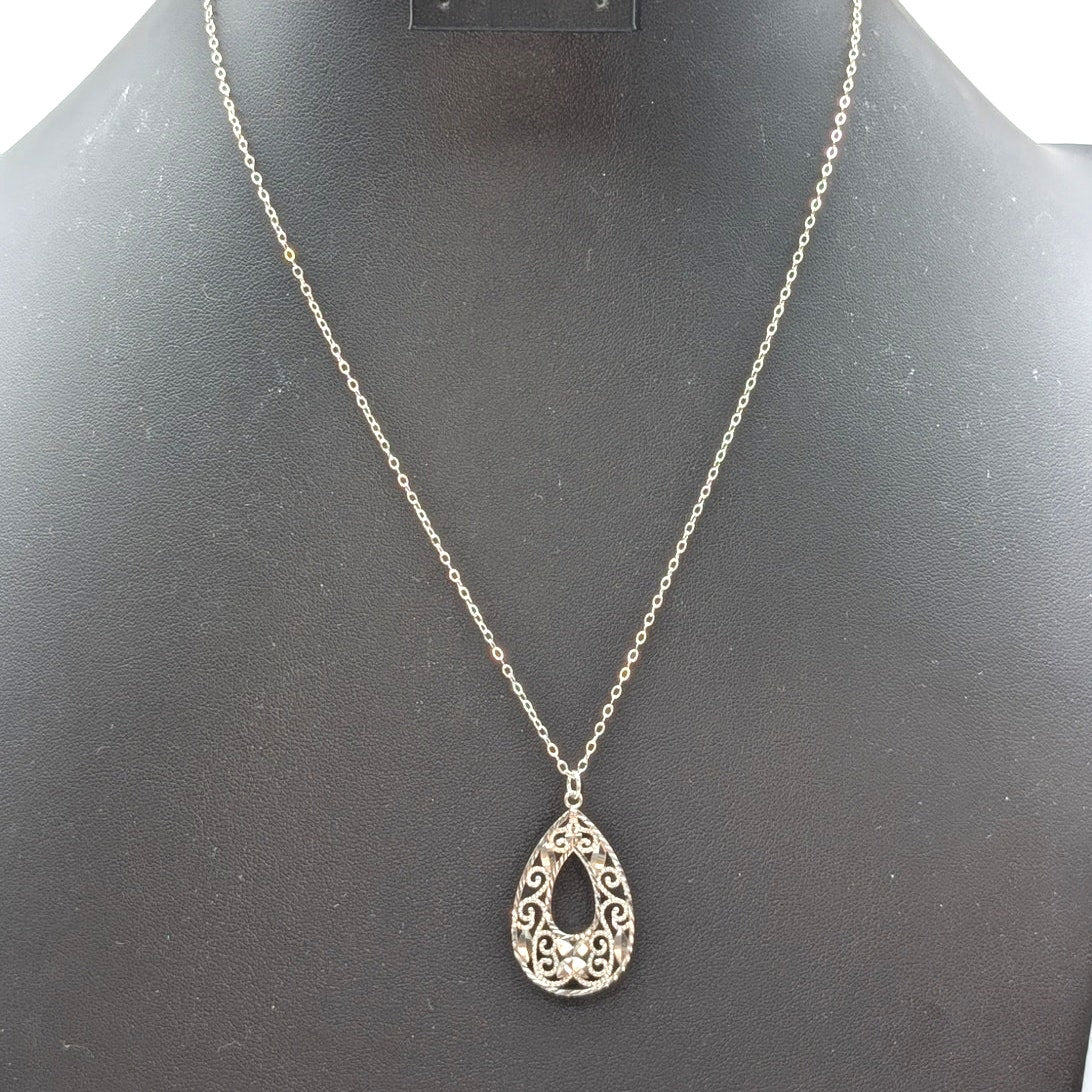 925 Sterling Silver Diamond Cut Filigree Teardrop Pendant 19" Chain Necklace