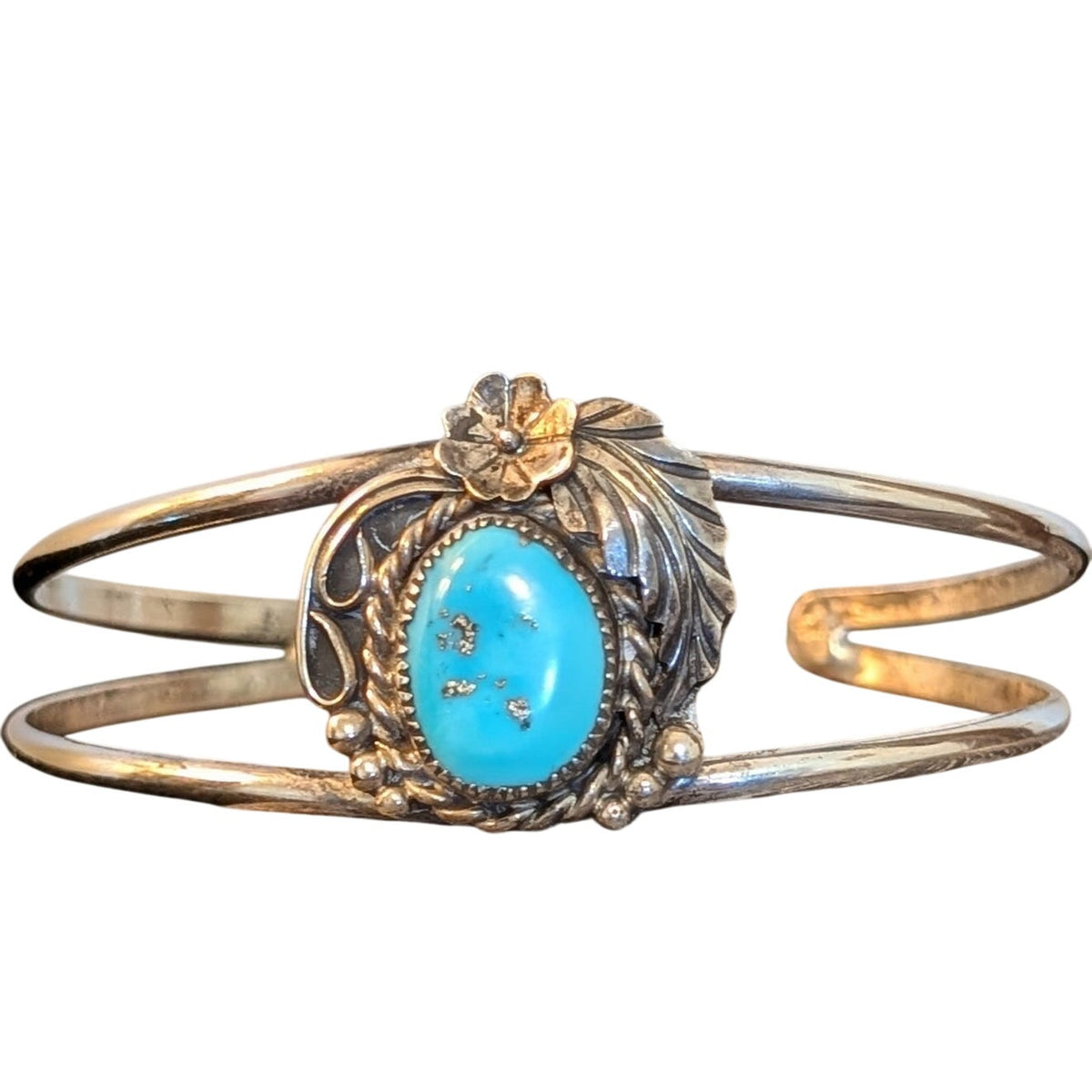 Vintage Signed SM Native Turquoise Rose Leaf Split Band Sterling Cuff Bracelet