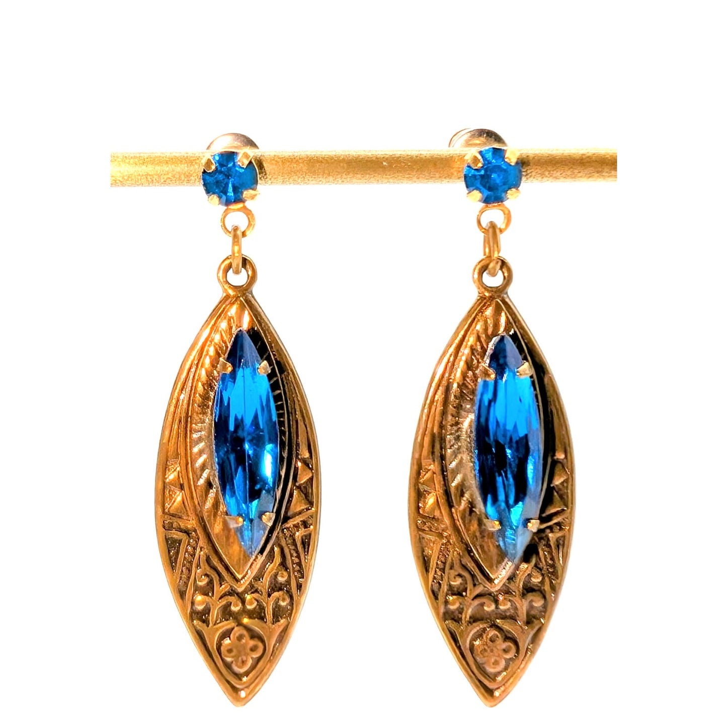 VTG Signed SADIE GREEN Bronze Marquis Blue Renaissance Revival Dangle Earrings