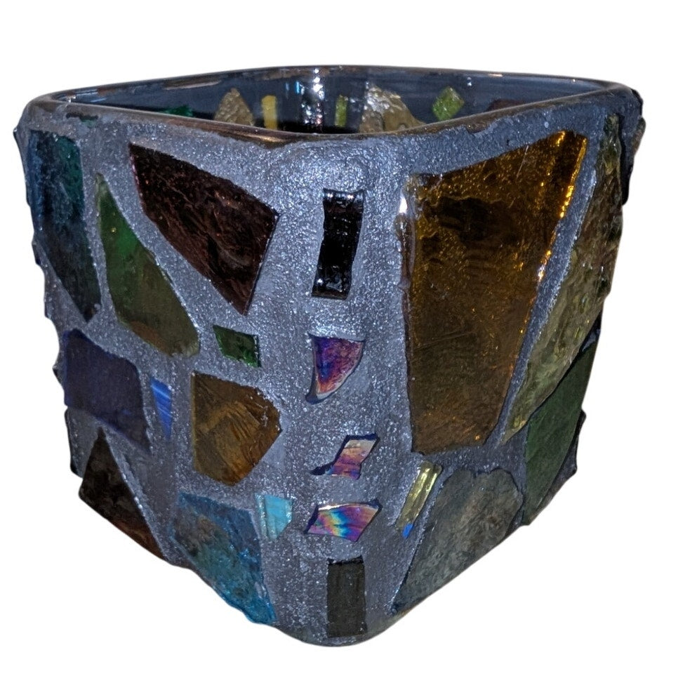Vintage Mid-Century Brutalist Made in Mexico Stained Glass Mosaic Candle Holder