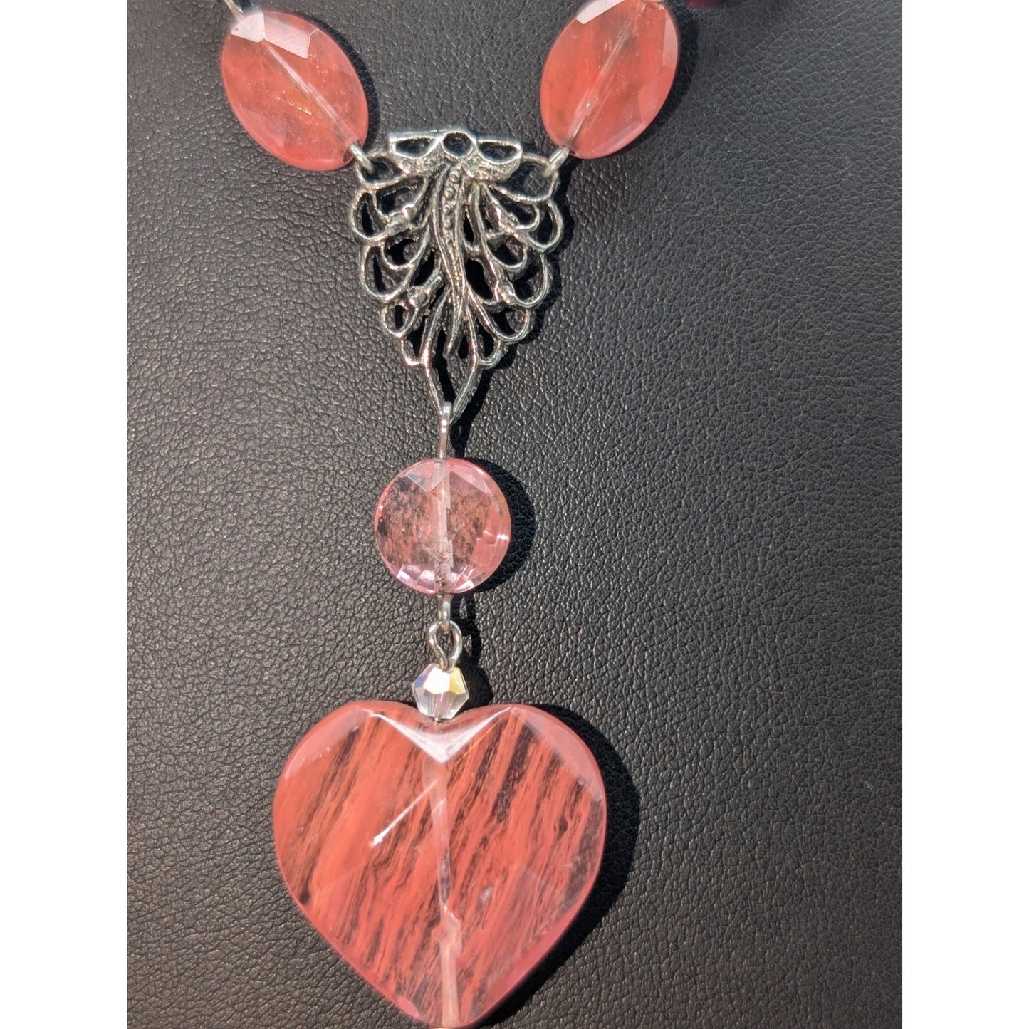 Antique Silver Tone Pink Glass Heart Garnet Bead Y-Drop 16"-17.5" Necklace