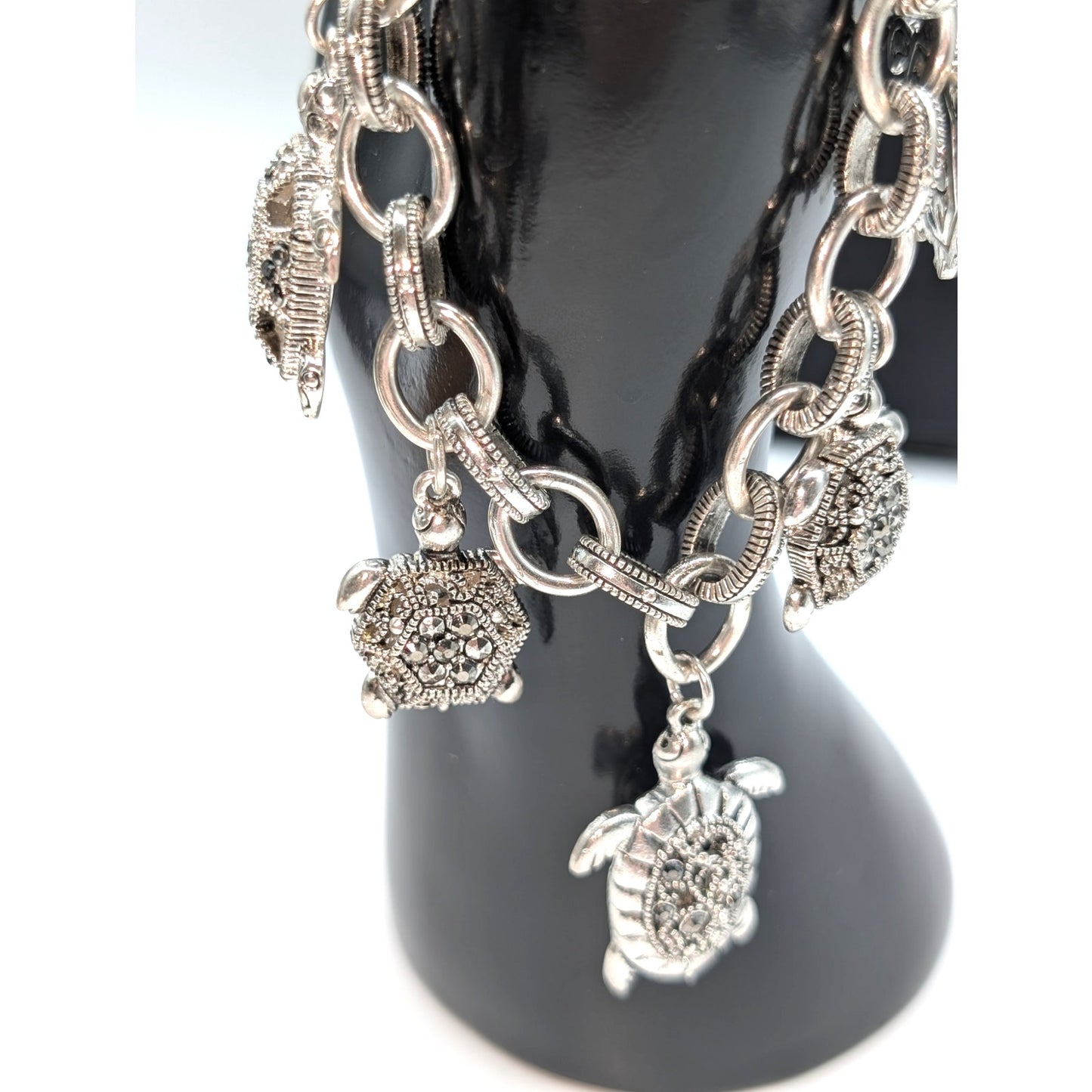Chunky Silver Tone Marcasite Toggle Clasp Turtle Charm Bracelet