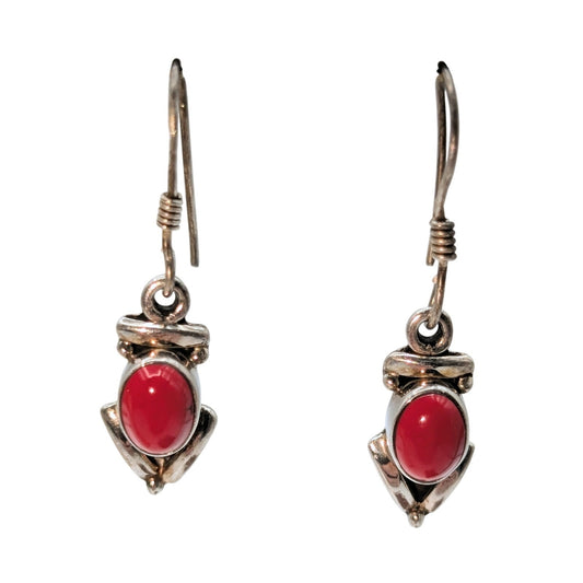 Vintage 925 Sterling Silver Red Coral Stone Dangle Wire Earrings