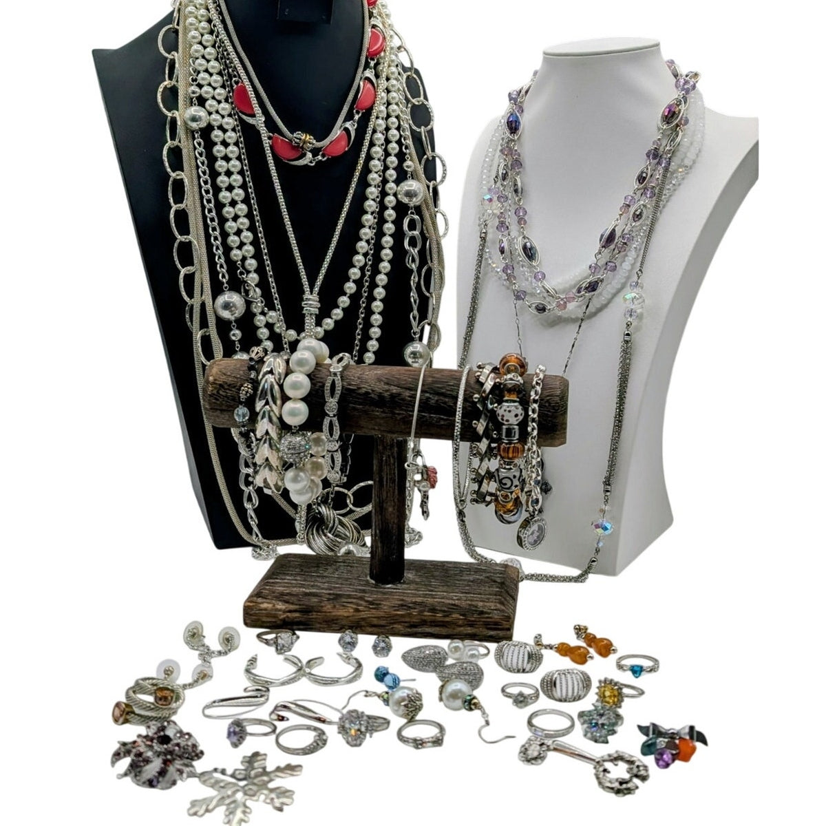 Reseller's Delight 47 Piece Silver Tone Vintage to Modern Costume Jewelry Lot