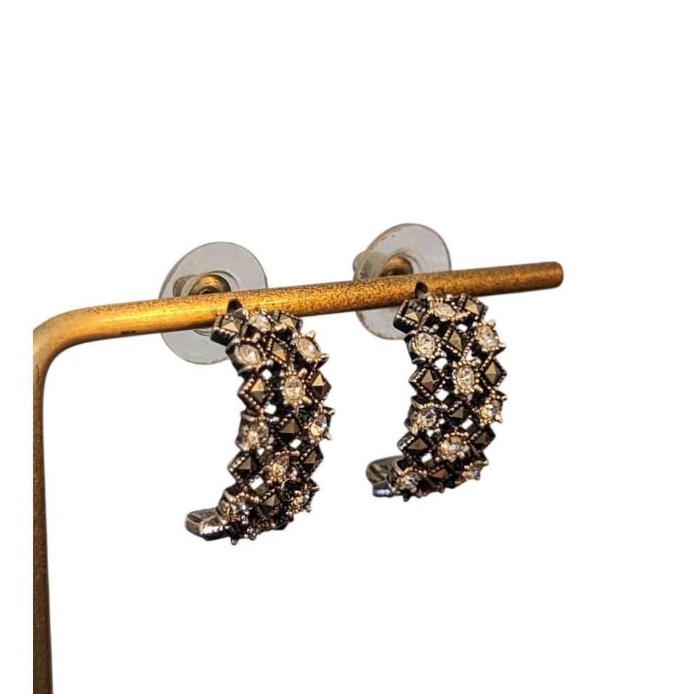 925 Sterling Silver Marcasite & Crystal Openwork Half Hoop Earrings