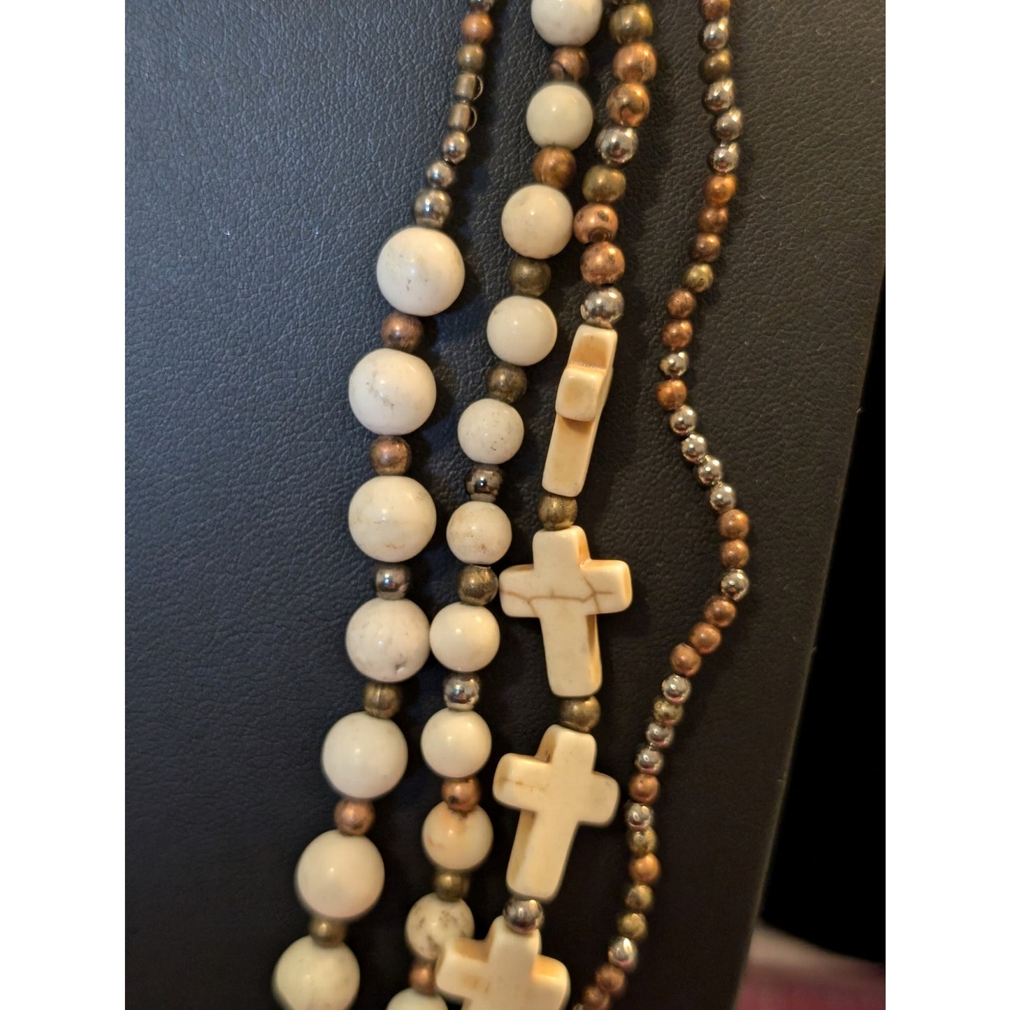 Long Boho Four-Strand Creamy Stone Cross & Bead Necklace
