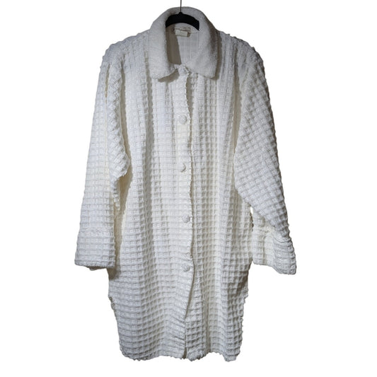 Vintage Norm Thompson White Chenille Waffle Design Button Front Robe Size L
