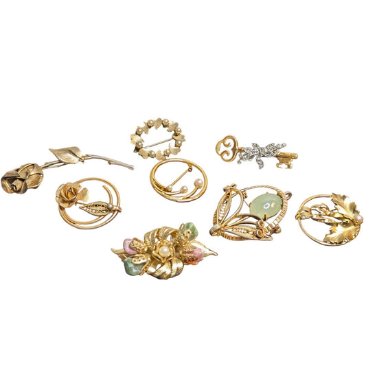 Lot of Eight Vintage Gold Tone Themed Brooches