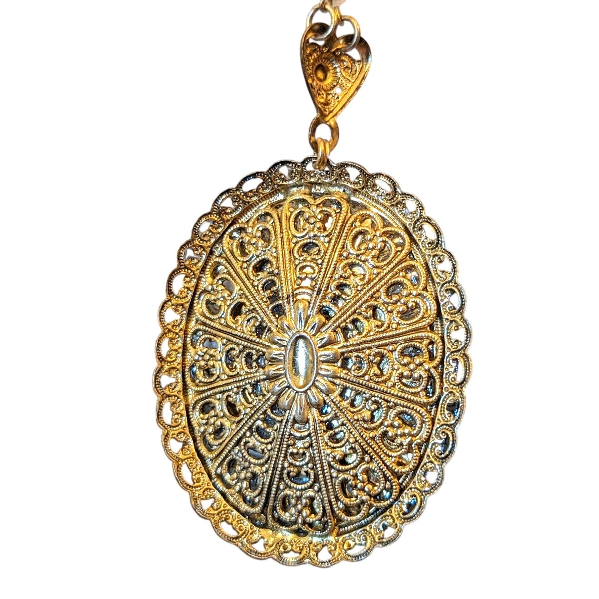 West Germany Vintage 60s Floral Print Sugar Glass Pendant Filigree 25" Necklace