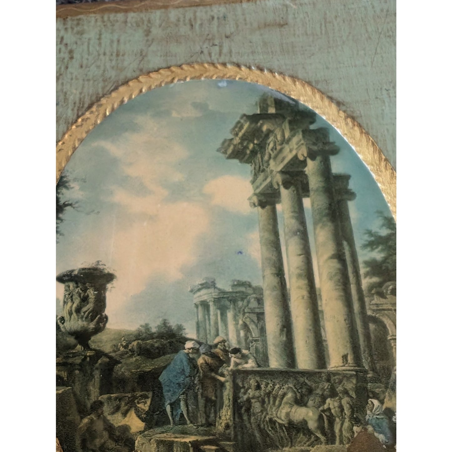 Pair of Antique Florentine Made in Italy Wall Plaques Prints of Roman Ruins