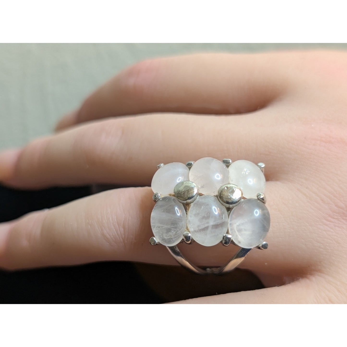 Large Six Quartz Stone 925 Sterling Silver Split Shank Ring Size 7.5