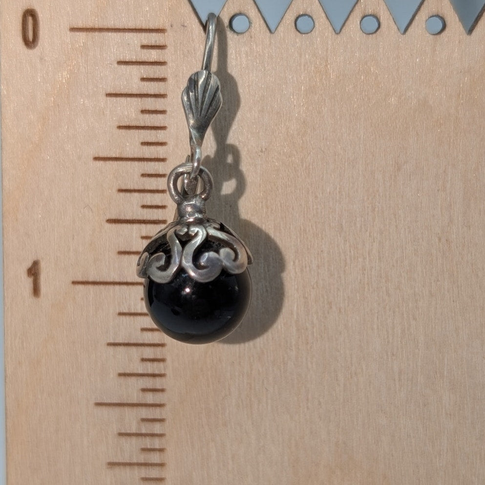 Silver Tone Black Stone or Glass Bead Filigree Lever Back Dangle Earrings
