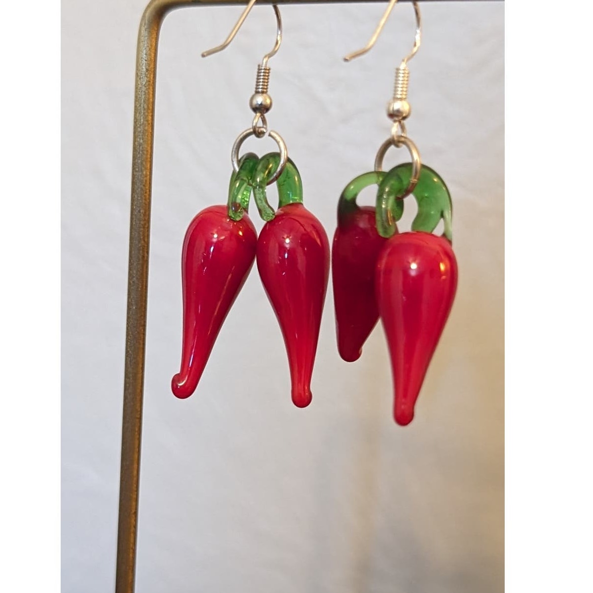 Red Hot Chili Pepper Glass Dangle Wire Earrings