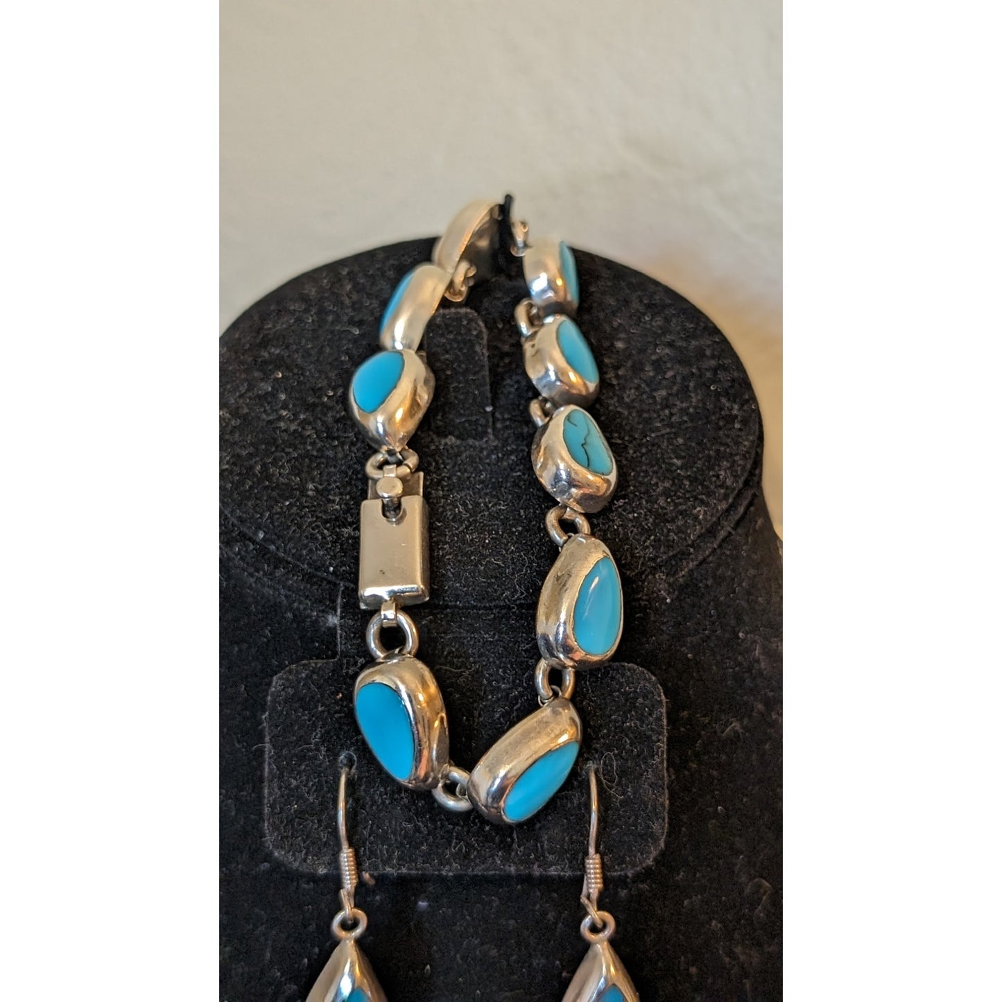 Mexico 925 Sterling Turquoise Inlay Teardrop Bracelet, Necklace & Earring Set