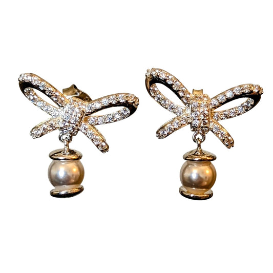 Marked 925 Sterling Silver Dangling Pearls Tied Up W/ A CZ Bow