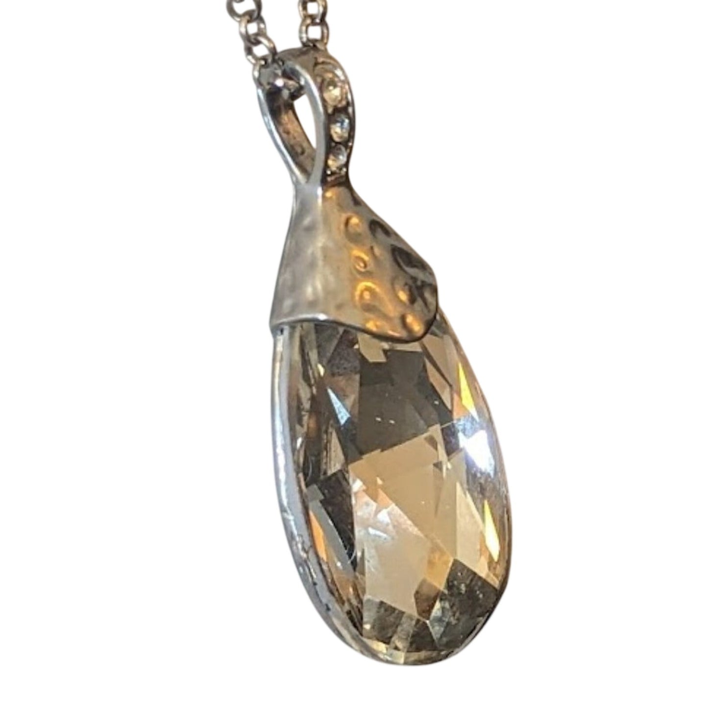 Long Silver Tone Role Chain with Huge Teardrop Faceted Crystal Pendant
