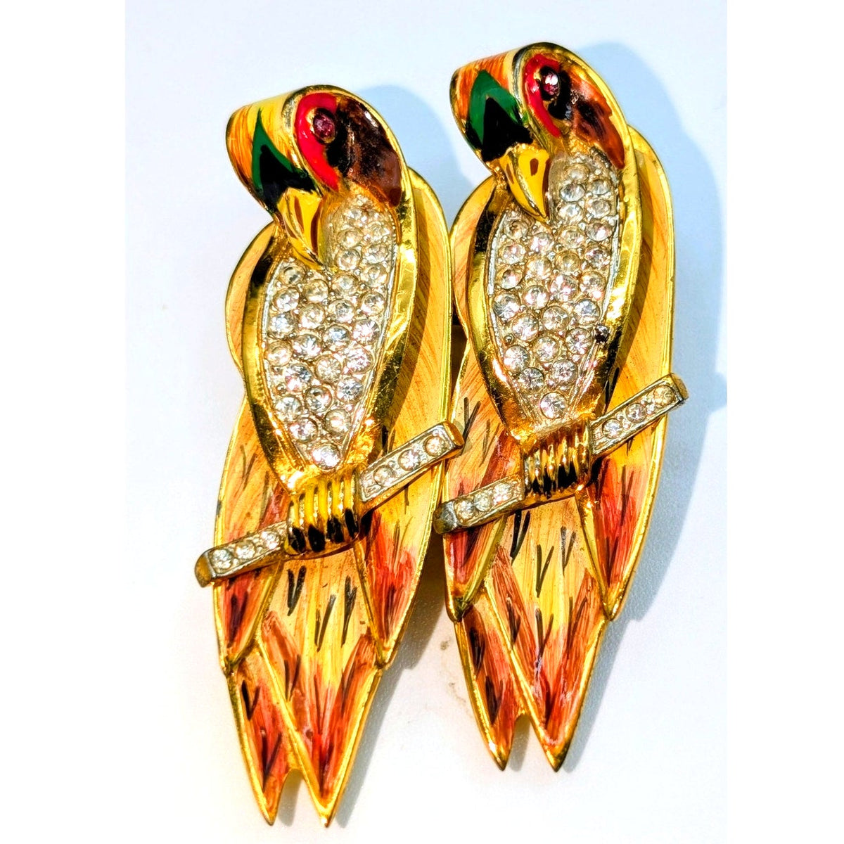 Corocraft Vtg Sterling Gold Pave Enamel Love Birds on Branch Duet Pins/Fur Clip