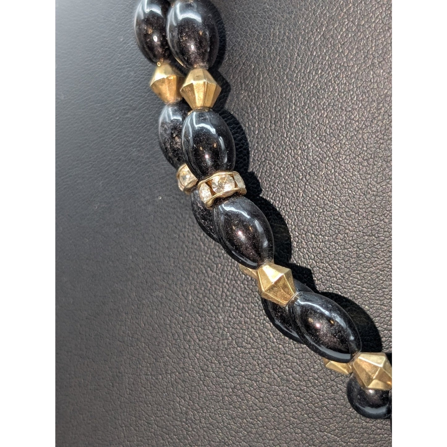 Vtg Black Glass Gold Tone Bicone Crystal & Rondelle Bead Double Strand Necklace