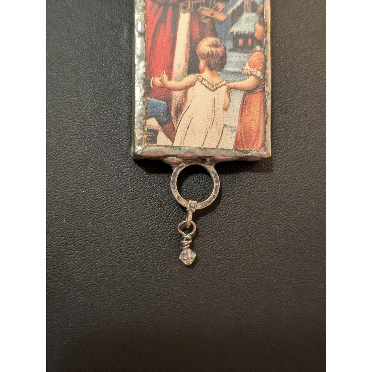 Vtg Christmas c1910 Postcard Jack O Lantern Two-Sided Soldered Pendant Necklace