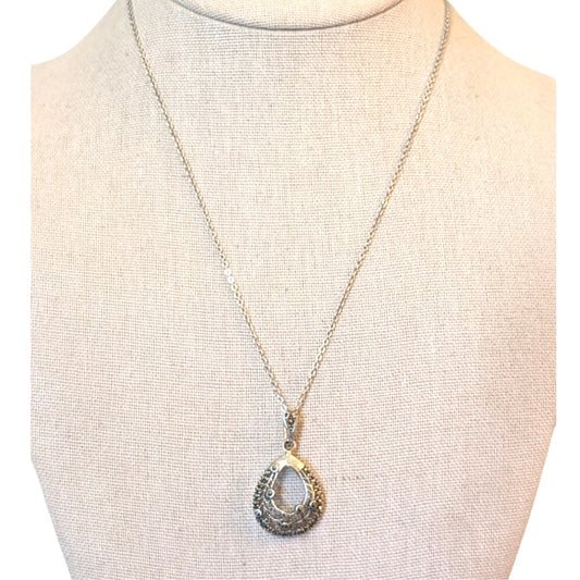 Vtg 925 Sterling Silver Filigree Teardrop Marcasite Pendant 18" Chain Necklace